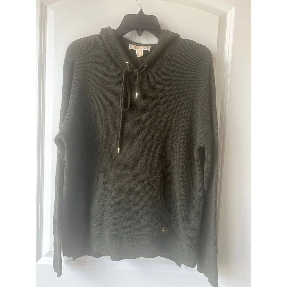Michael Kors Olive Green Knit Hoodie Sweater Womens Large Kangaroo Pocket L